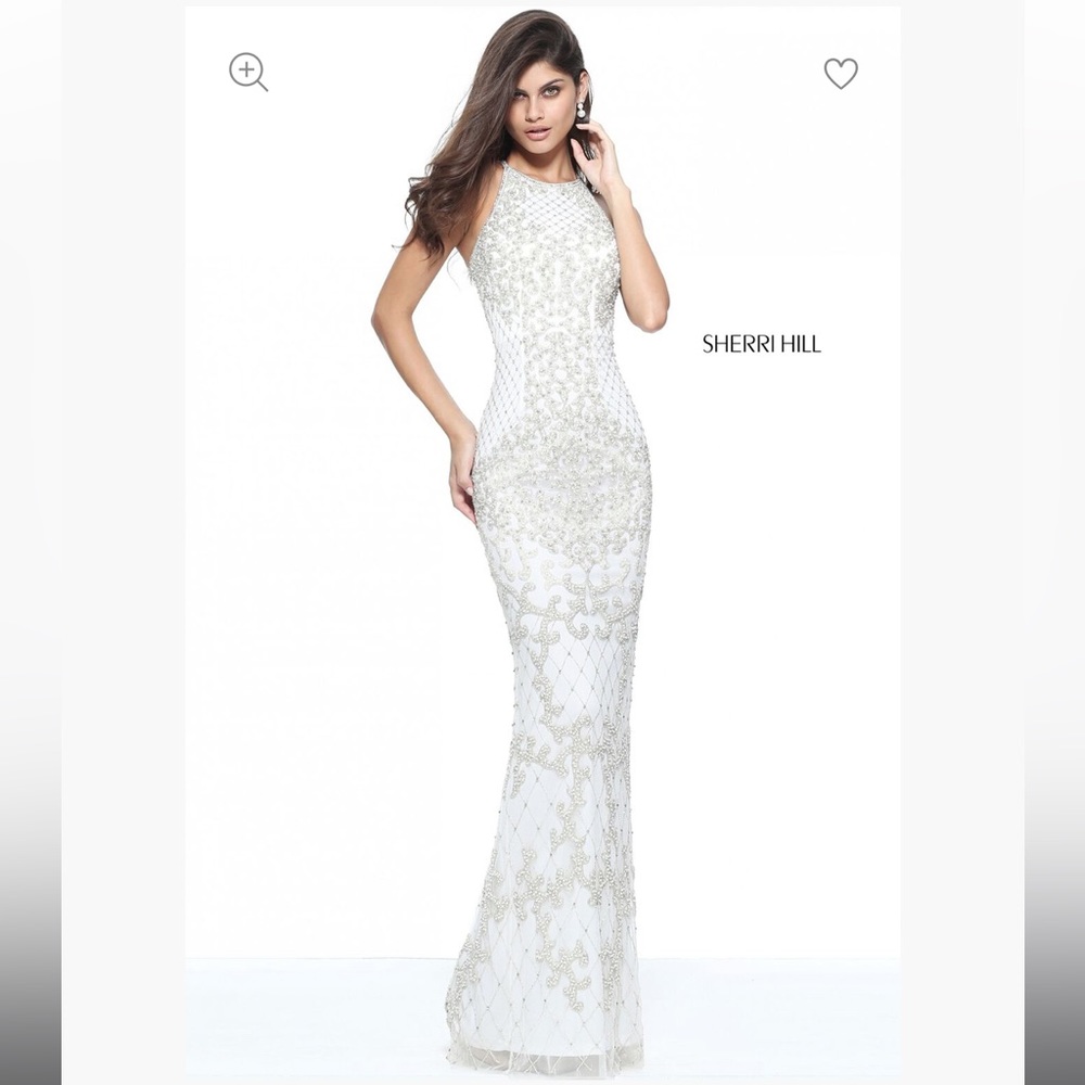 Sherri Hill Ivory Mesh Beaded Halter Gown
